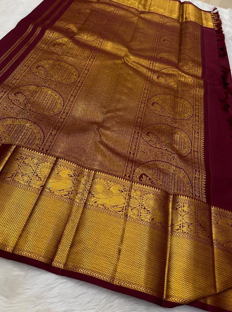 Dark Cherry Red Double Shaded 2gm Zari Bridal Elegance Kanchipuram Handloom Silk Saree SS23653