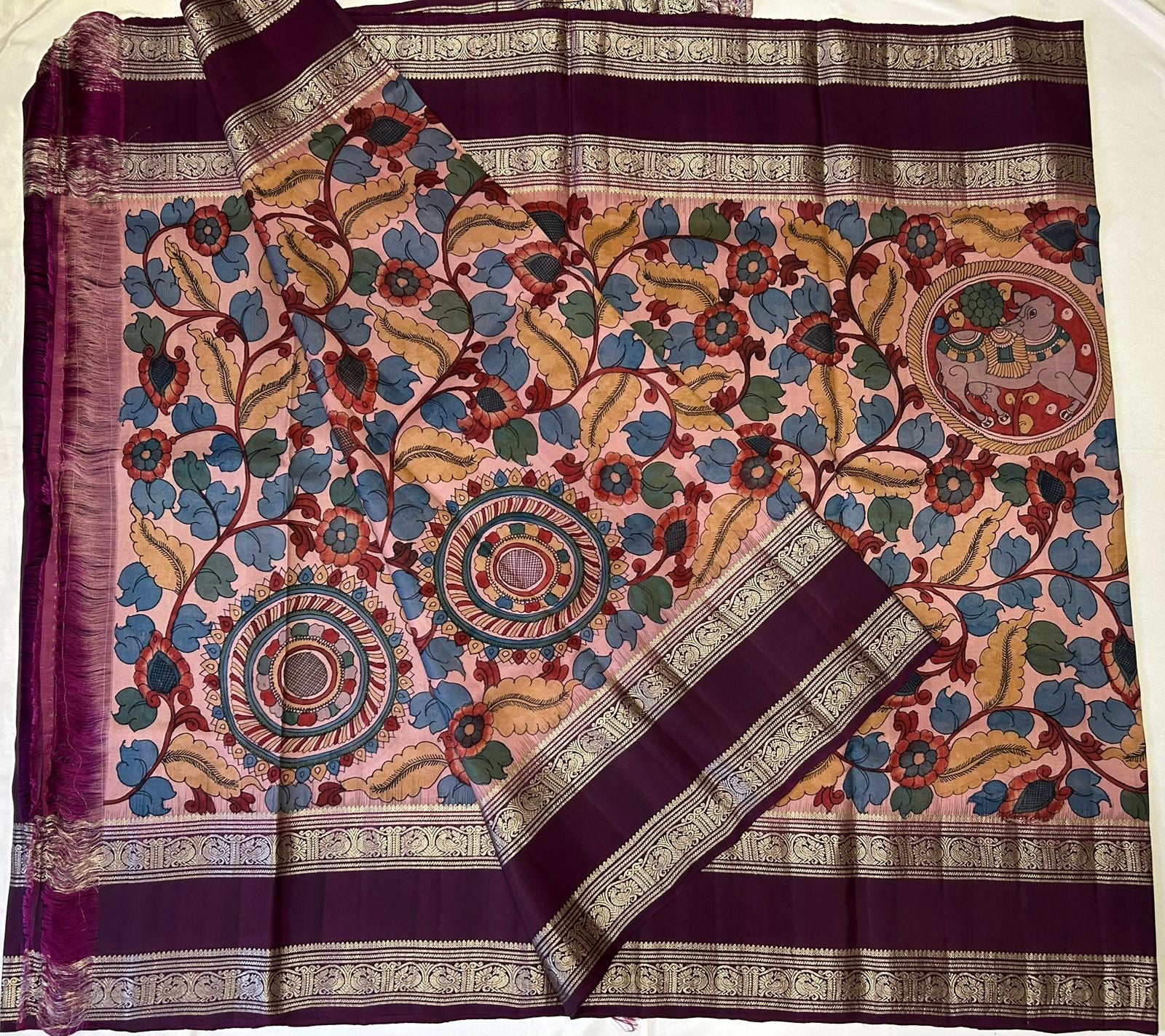 Classic Purple Pen Kalamkari Peacock Floral Elegance Kanchipuram Handloom Silk Saree SS24436