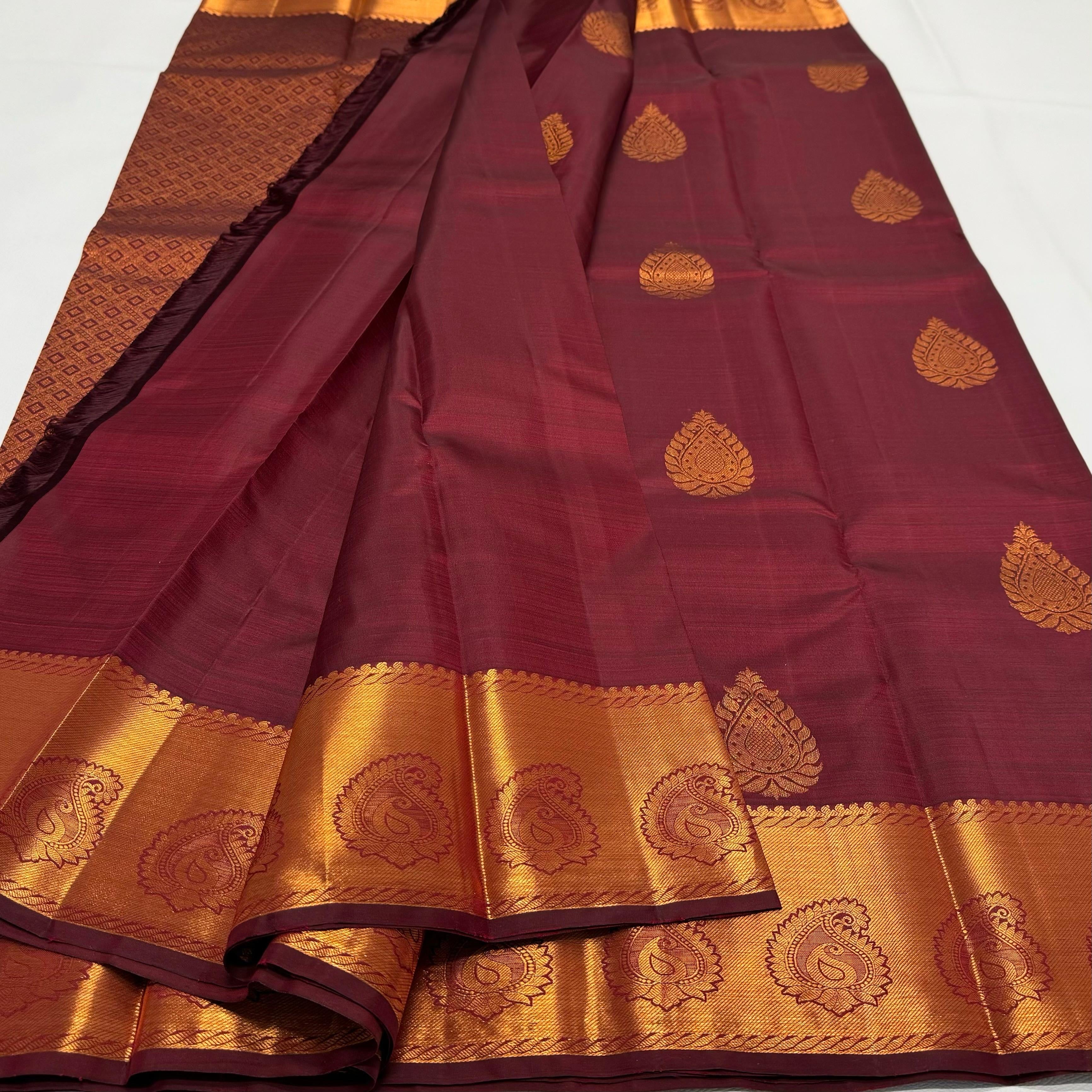 Classic Brown Red Rose Gold Zari Elegance Kanchipuram Handloom Silk Saree SS23586