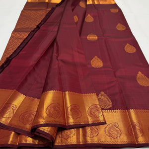 Classic Brown Red Rose Gold Zari Elegance Kanchipuram Handloom Silk Saree SS23586