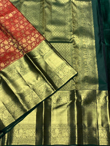 Classic Cherry Red & Deep Green 2gm Zari Bridal Elegance Kanchipuram Handloom Silk Saree SS25357