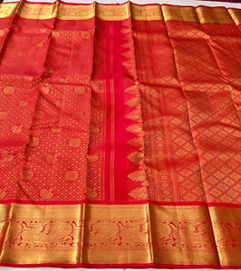 Classic Scarlet Red 2gm Zari Bridal Elegance Kanchipuram Handloom Silk Saree SS25253