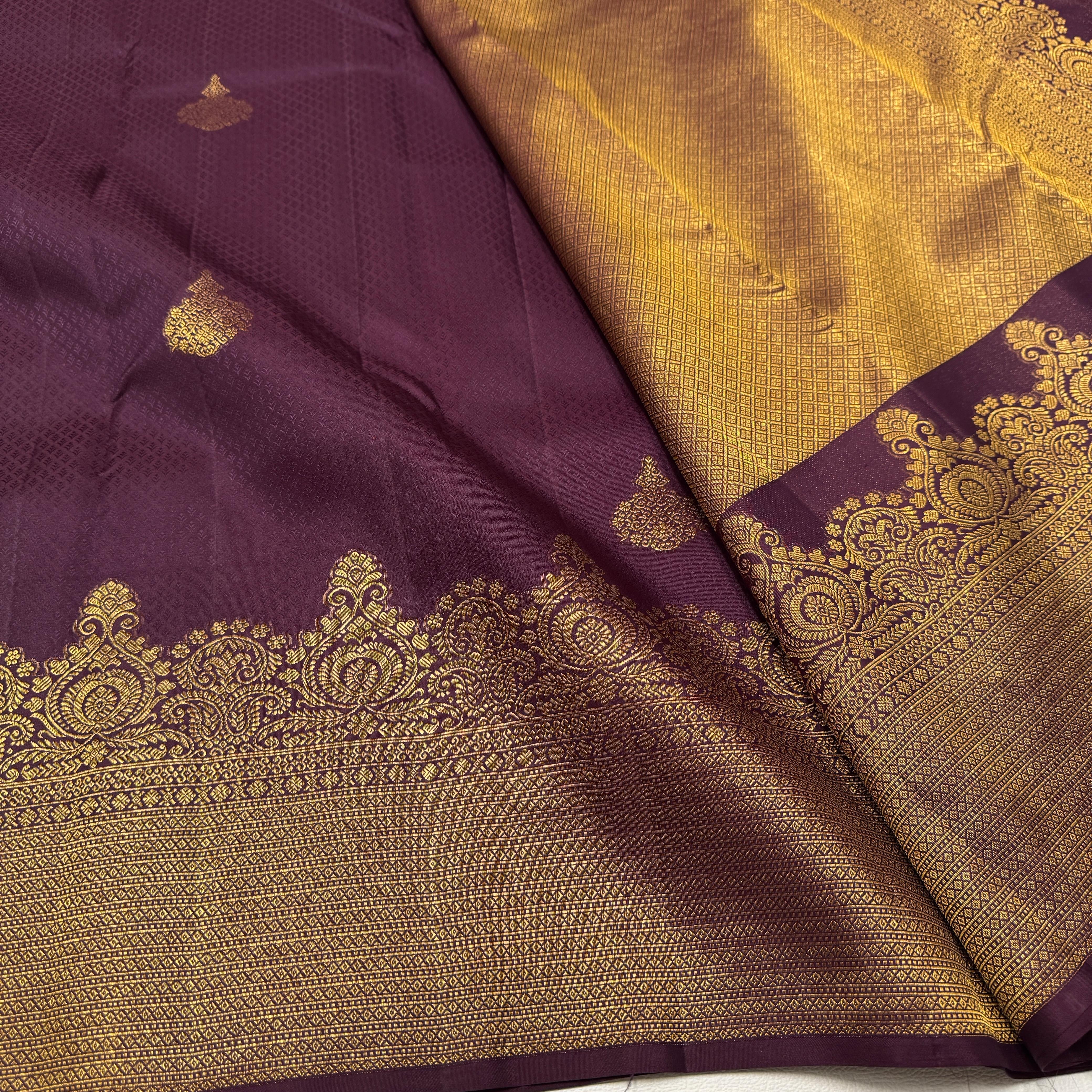 Classic Plum 2gm Zari Temple Bridal Elegance Kanchipuram Handloom Silk Saree SS26584