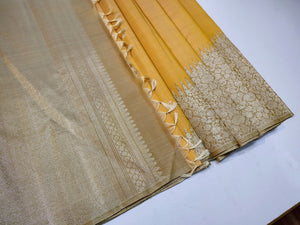Classic Mustard & Oatmeal Beige 1gm Zari Raising Temple Border Kanchipuram Handloom Silk Saree SS26279