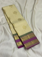 Load image into Gallery viewer, Classic Butter Cream &amp; Fuchsia Pink 1gm Zari Vintage Checks Elegance Kanchipuram Handloom Silk Saree SS26979
