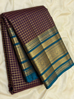 Load image into Gallery viewer, Classic Plum &amp; Teal Blue Beldari Vintage Oosi Checks 2gm Zari Elegance Kanchipuram Handloom Silk Saree SS27205
