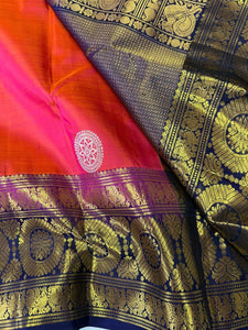 Classic Dual Red & Pink Navy Blue 2gm Zari Peacock & Rudraksha Designed Elegance Kanchipuram Handloom Silk Saree SS25384