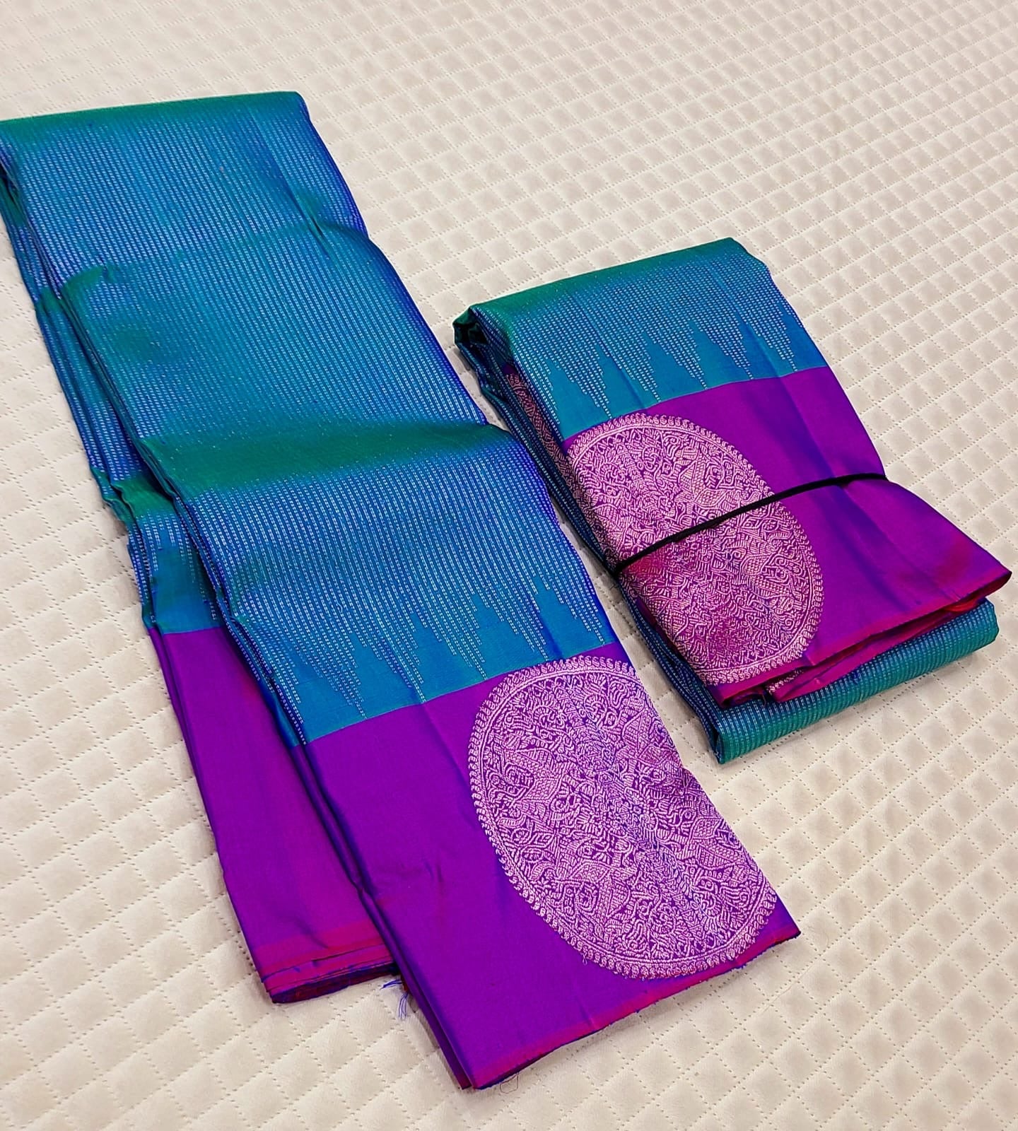 Classic Peacock Blue & Wine Purple 2gm Zari Kanchipuram Handloom Silk Saree SS26195
