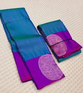 Classic Peacock Blue & Wine Purple 2gm Zari Kanchipuram Handloom Silk Saree SS26195