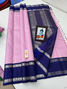 Baby Pink & Navy Blue 2 gm Zari Elegance Kanchipuram Handloom Silk Saree SS20441