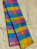 Load image into Gallery viewer, Classic Multicolor Check Onion Pink Butta 1gm Zari Elegance Kanchipuram Handloom Silk Saree SS28331

