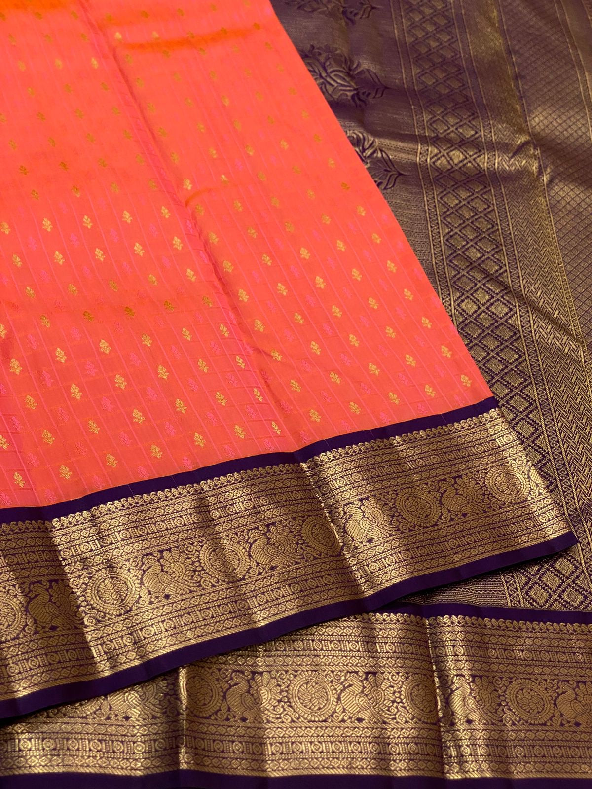 Classic Peachy Orange & Violet 1gm Zari Kanchipuram Handloom Silk Saree SS25814