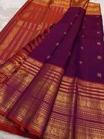 Load image into Gallery viewer, Classic Plum Wine &amp; Sunset Orange Bridal Elegance Kanchipuram Handloom Silk Saree SS27251
