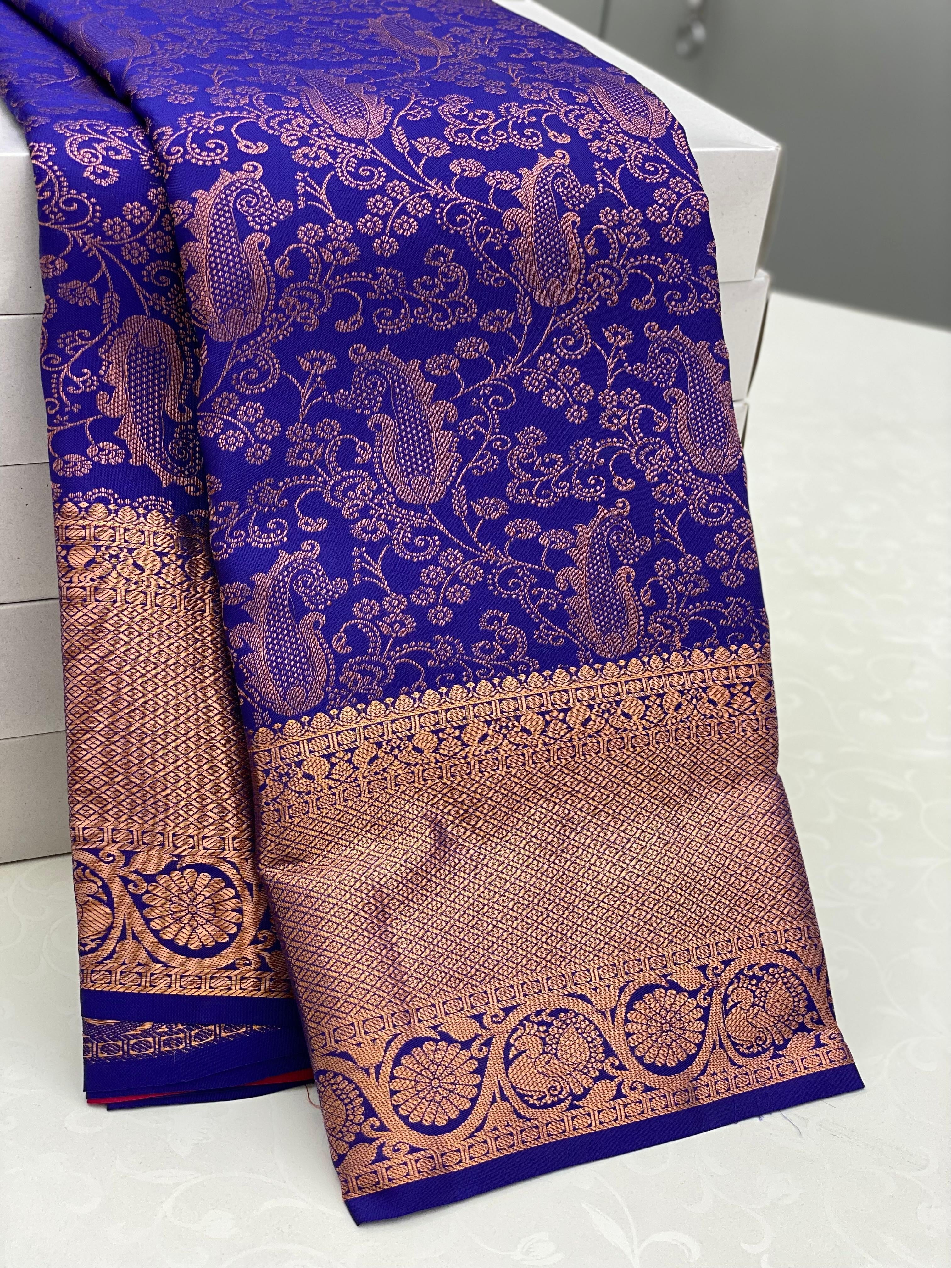 Classic Royal Blue & Rose Pink 2gm Zari Kanchipuram Handloom Silk Saree SS26607