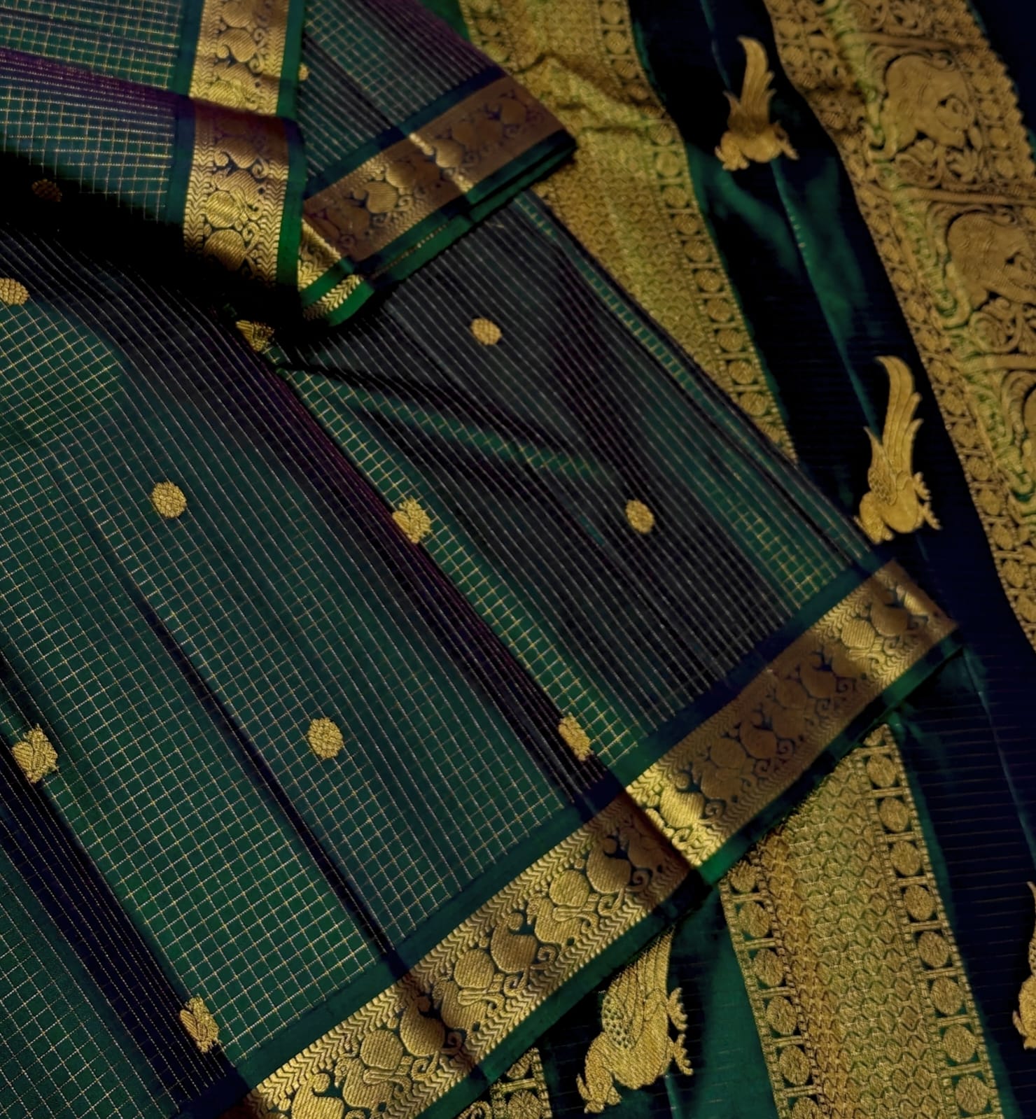 Classic Bottle Green 2gm Zari Vintage Kanchipuram Handloom Silk Saree SS26600