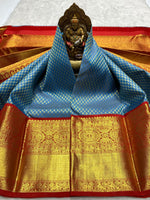 Load image into Gallery viewer, Classic Steel Blue &amp; Brick Red 2gm Zari Bridal Elegance Kanchipuram Handloom Silk Saree SS25835
