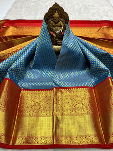 Classic Steel Blue & Brick Red 2gm Zari Bridal Elegance Kanchipuram Handloom Silk Saree SS25835