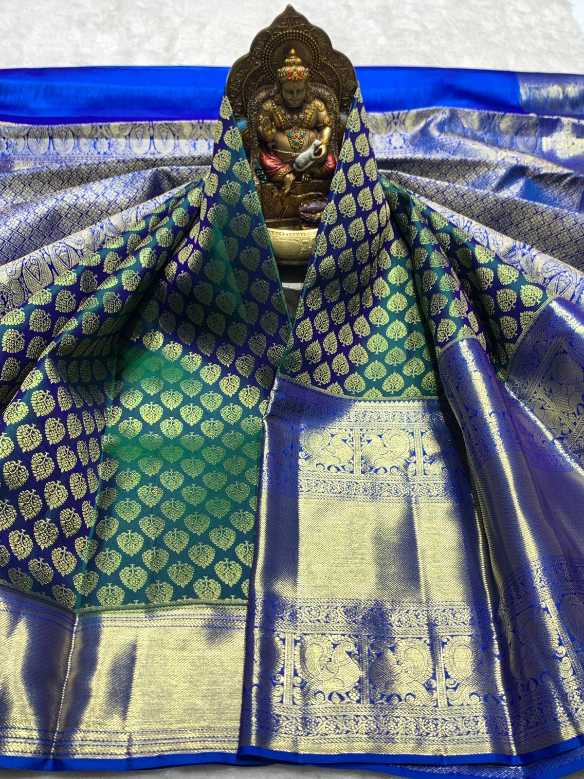 Classic Green & Royal Blue 2gm Zari Bridal Elegance Kanchipuram Handloom Silk Saree SS25268