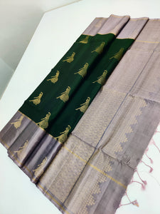 Classic Bottle Green & Pale Grey Elegance Handloom Soft Silk Saree SS24090