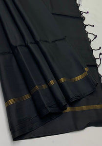 Classic Charcoal Black Elegance Plain Handloom Soft Silk Saree SS26144