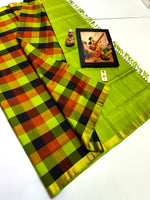 Load image into Gallery viewer, Classic Lime Green Checks Elegance Kanchipuram Handloom Silk Saree SS24067
