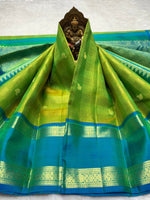 Load image into Gallery viewer, Classic Spring Green &amp; Teal Blue 2gm Zari Elegance Kanchipuram Handloom Silk Saree SS27503
