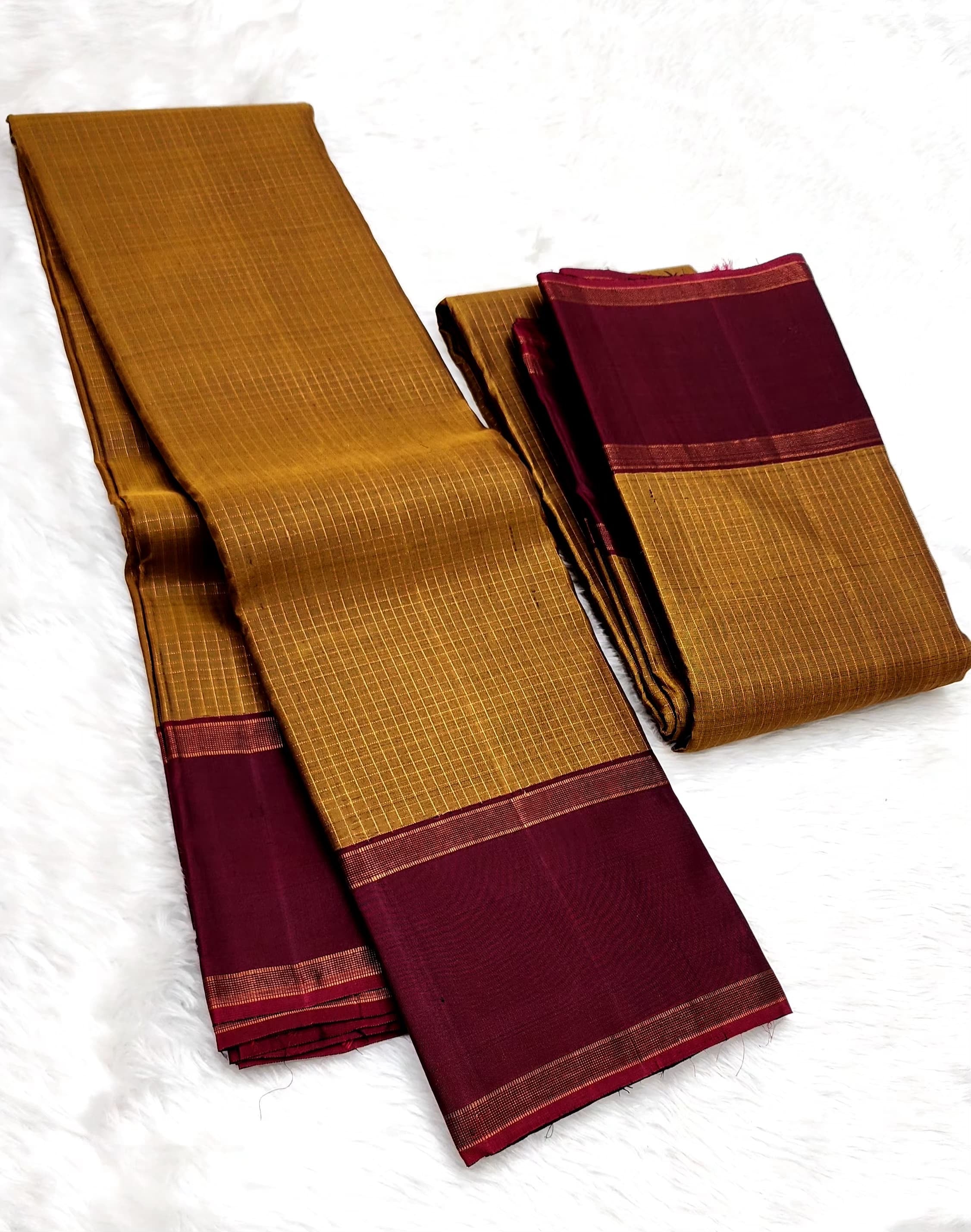 Classic Mustard & Barn Red 1gm Zari Elegance Kanchipuram Handloom Silk Saree SS25208