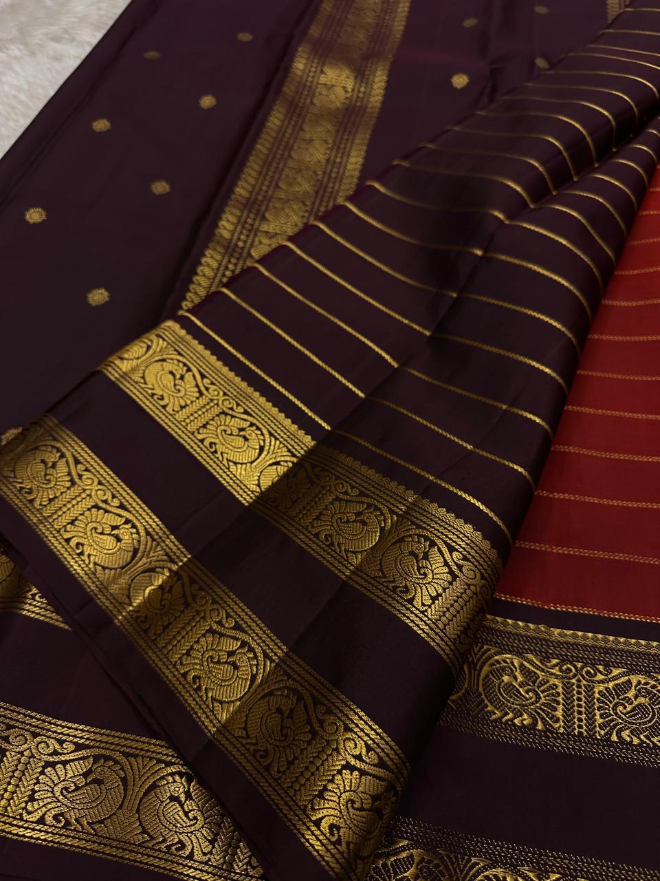 Classic Brick Orange & Dark Espresso Coffee Brown 2gm Zari Beldari Kanchipuram Handloom Silk Saree SS26422