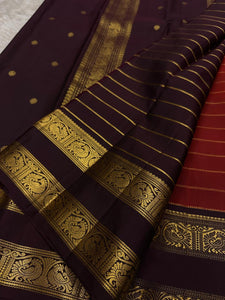 Classic Brick Orange & Dark Espresso Coffee Brown 2gm Zari Beldari Kanchipuram Handloom Silk Saree SS26422
