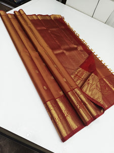 Classic Sunset Orange & Brick Red 2gm Zari Kanchipuram Handloom Silk Saree SS25963