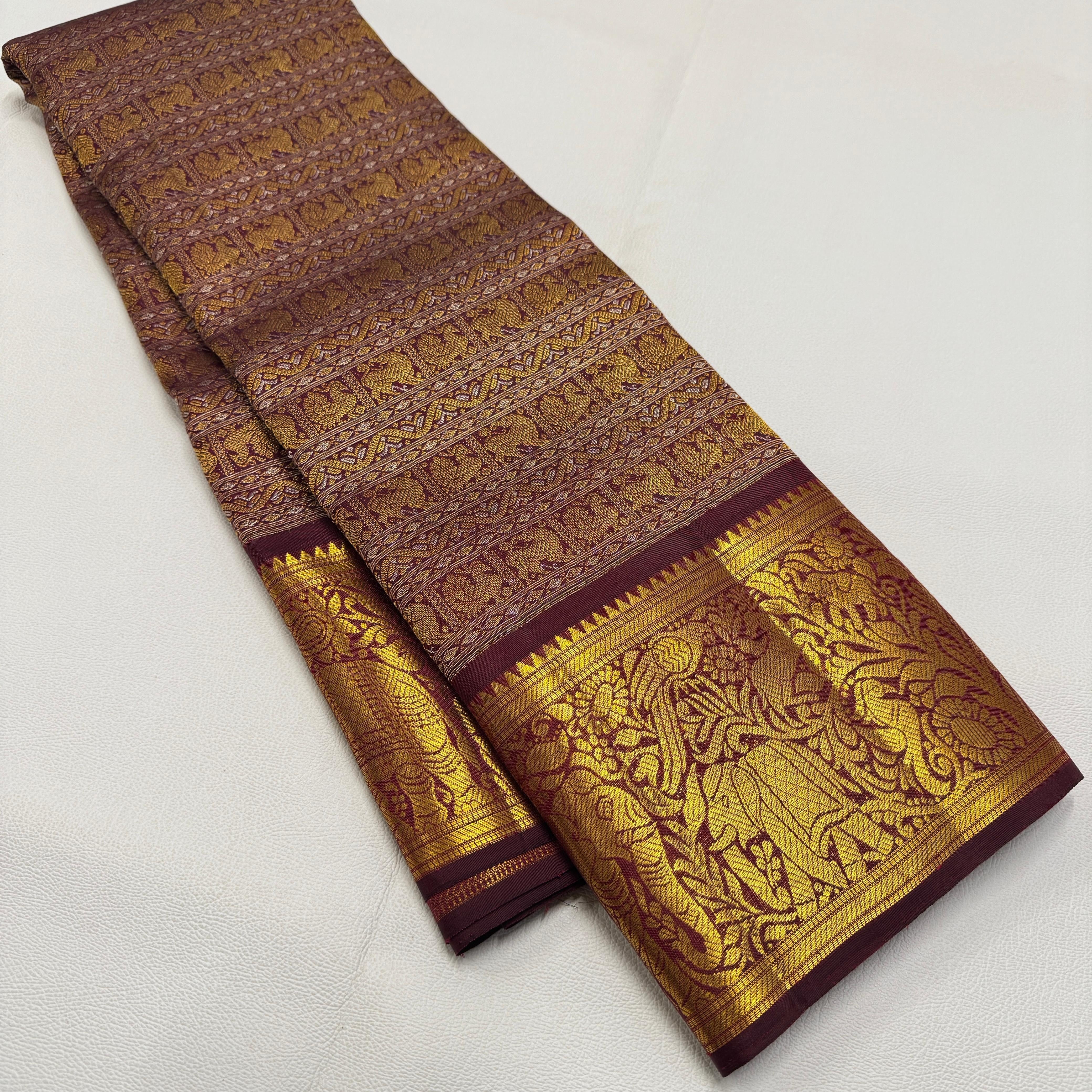 Classic Gold & Plum 2gm Zari Bridal Elegance Kanchipuram Handloom Silk Saree SS25635