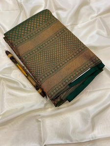 Classic Pine Green Edge to Edge 2gm Zari Brocade Bridal Elegance Kanchipuram Handloom Silk Saree SS25761