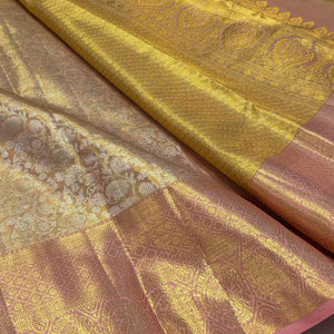 Classic Pastel Rose Gold Tissue Bridal Elegance Kanchipuram Tissue Handloom Silk Saree SS23884