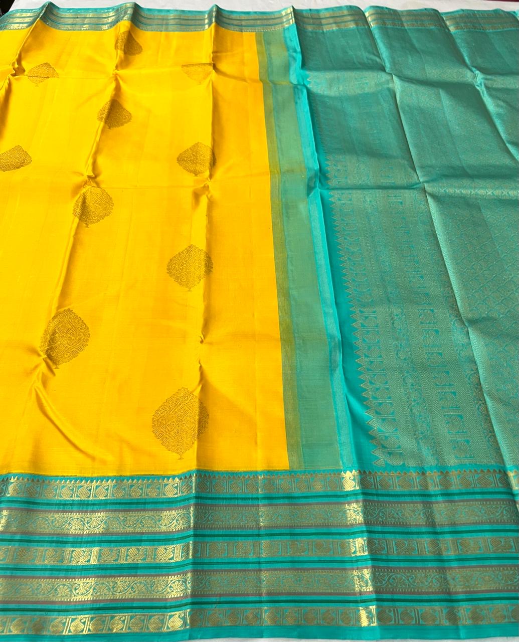 Classic Sunny Yellow & Turquoise Green 2gm Zari Elegance Kanchipuram Handloom Silk Saree SS24527