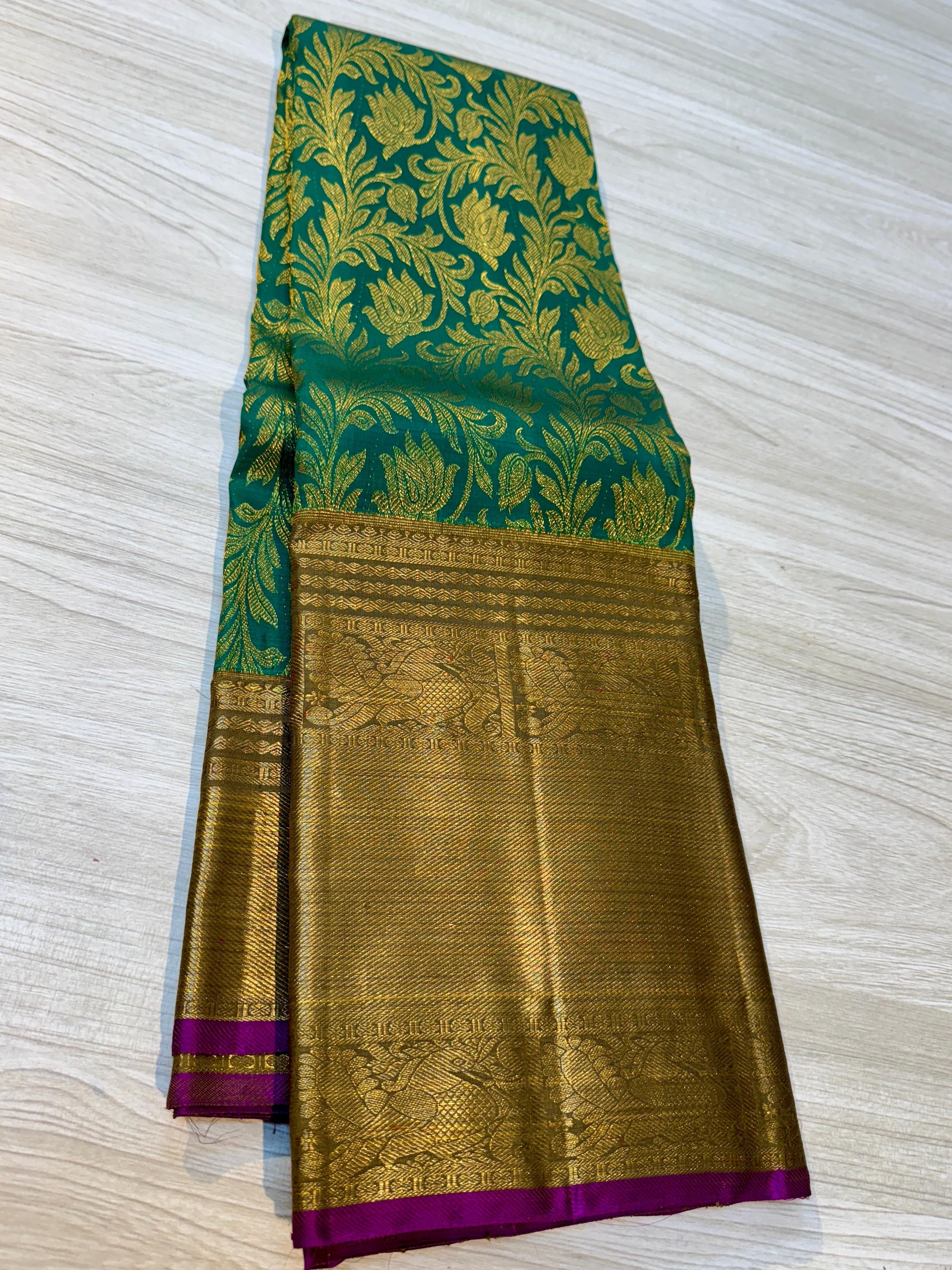 Classic Forest Green & Shimmer Khaki 2gm Zari Vathuvai Bridal Elegance Kanchipuram Handloom Silk Saree SS24440