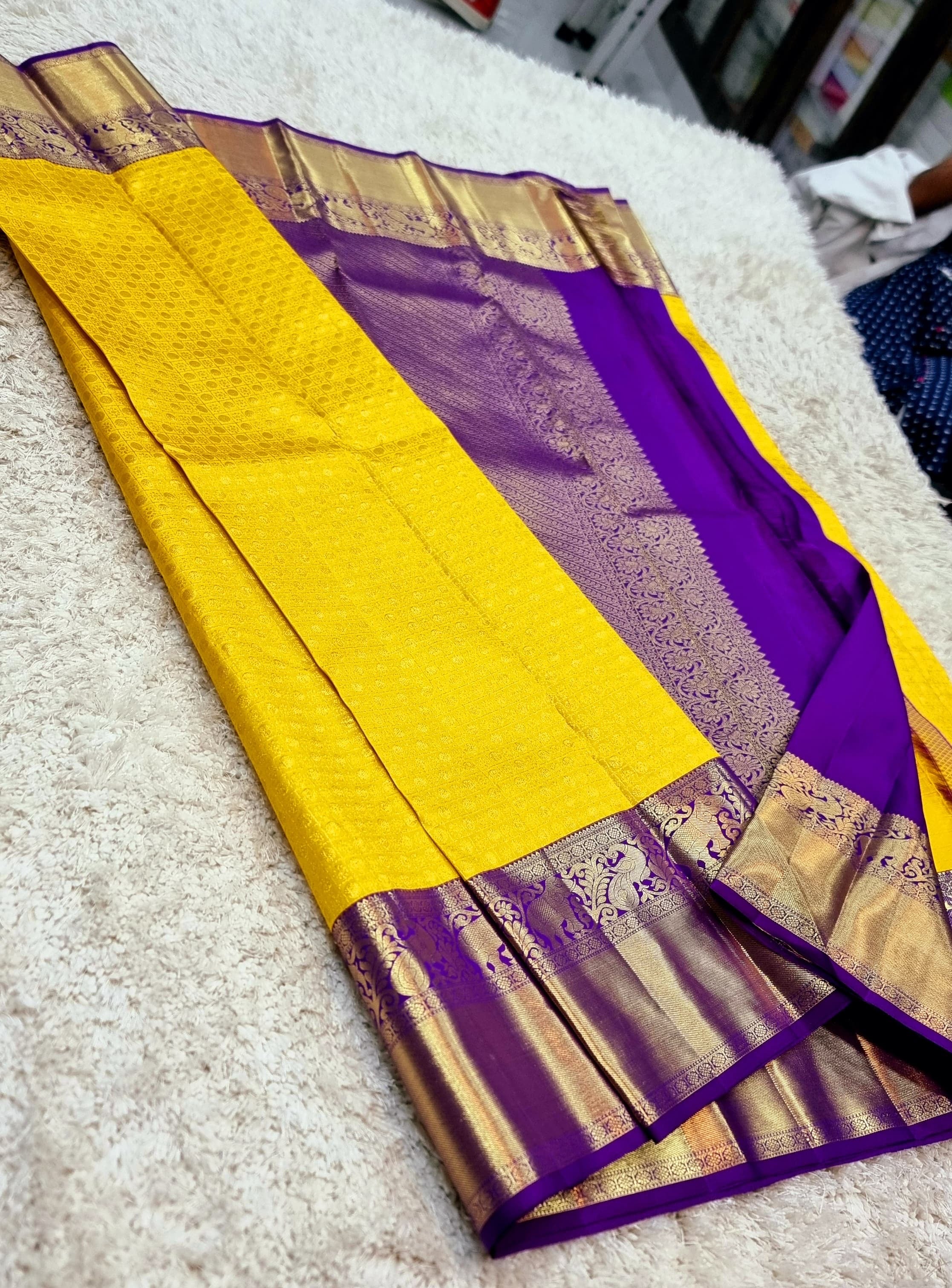 Classic Sunny Yellow & Purple 2gm Zari Bridal Elegance Kanjivaram Handloom Silk Saree SS22929