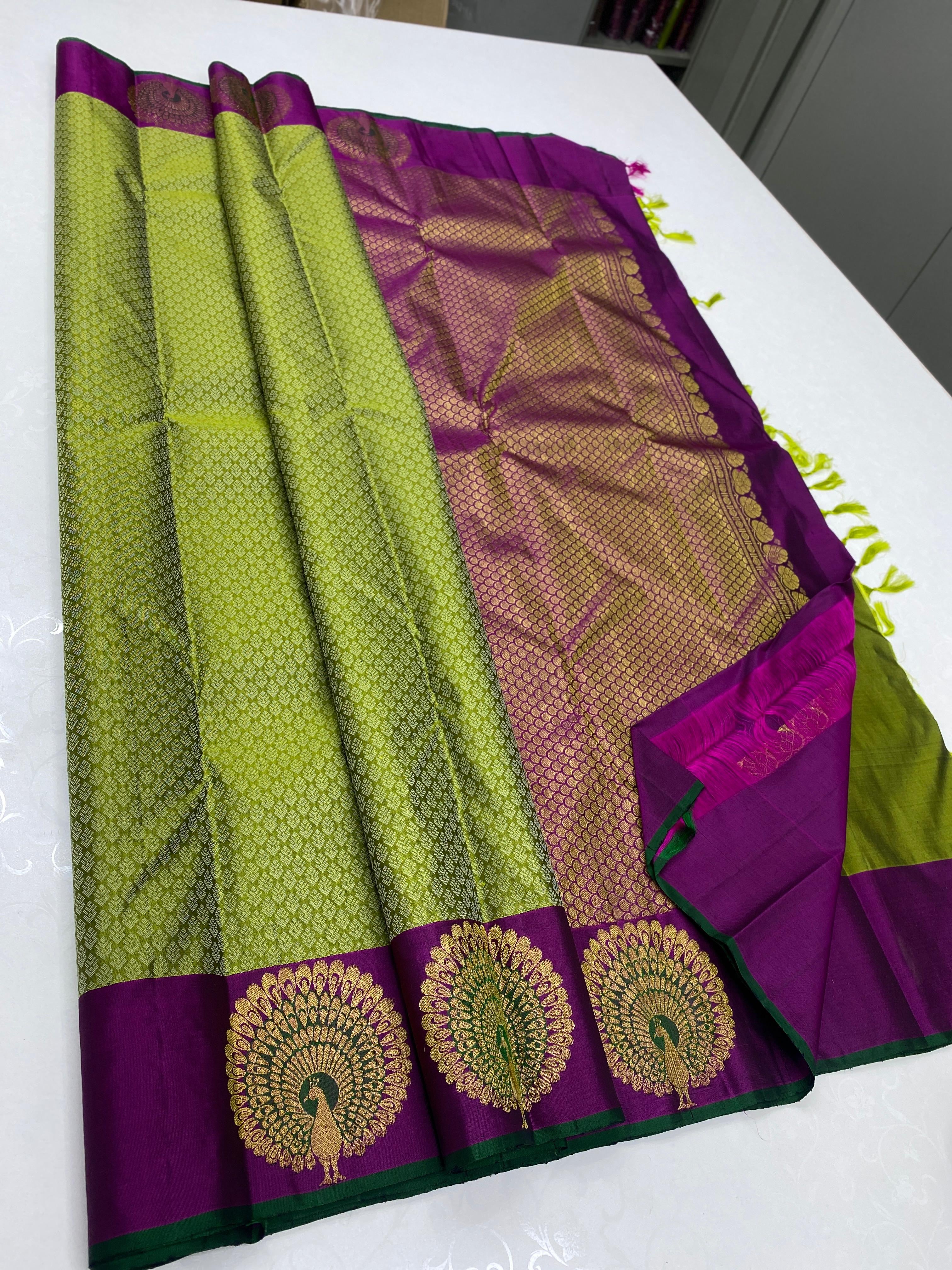 Classic Olive Green & Wine Red 2gm Zari Elegance Kanchipuram Handloom Silk Saree SS24730