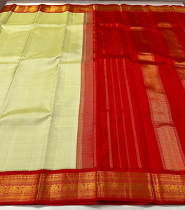 Classic Light Pista Green & Brick Red 2gm Zari Kanchipuram Handloom Silk Saree SS26498