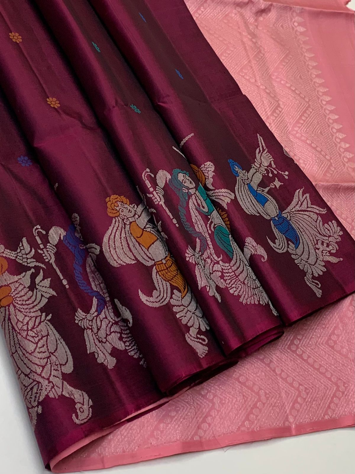 Classic Wine Red & Peach Double Warp Elegance Handloom Soft Silk Saree SS26427