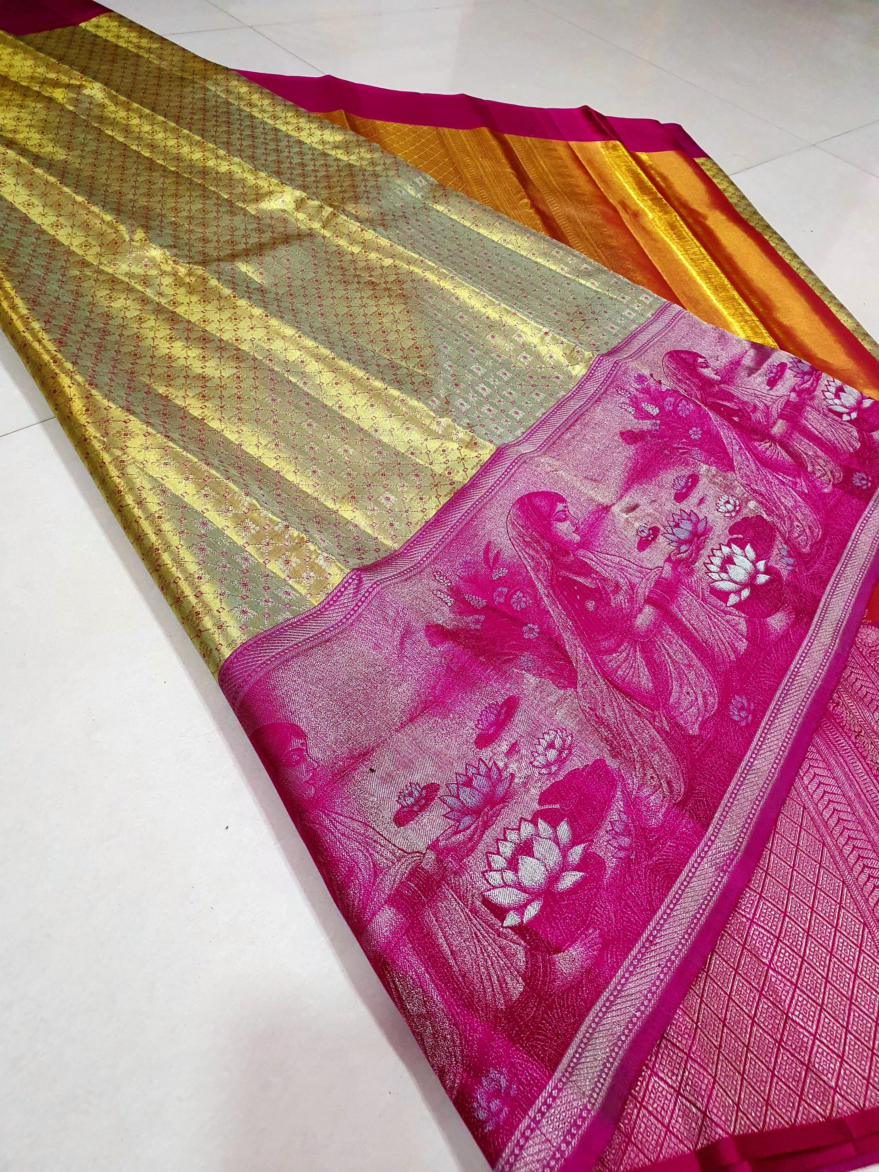 Shimmer Gold & Deep Pink 4D designed Bridal Elegance Kanchipuram Handloom Silk Saree SS24775