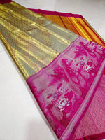 Load image into Gallery viewer, Shimmer Gold &amp; Deep Pink 4D designed Bridal Elegance Kanchipuram Handloom Silk Saree SS24775
