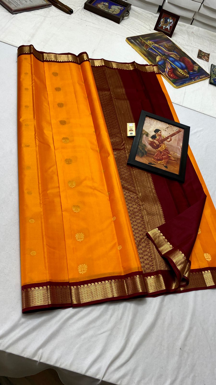 Classic Orange & Garnet Red Korvai Kanchipuram Handloom Silk Saree SS26573