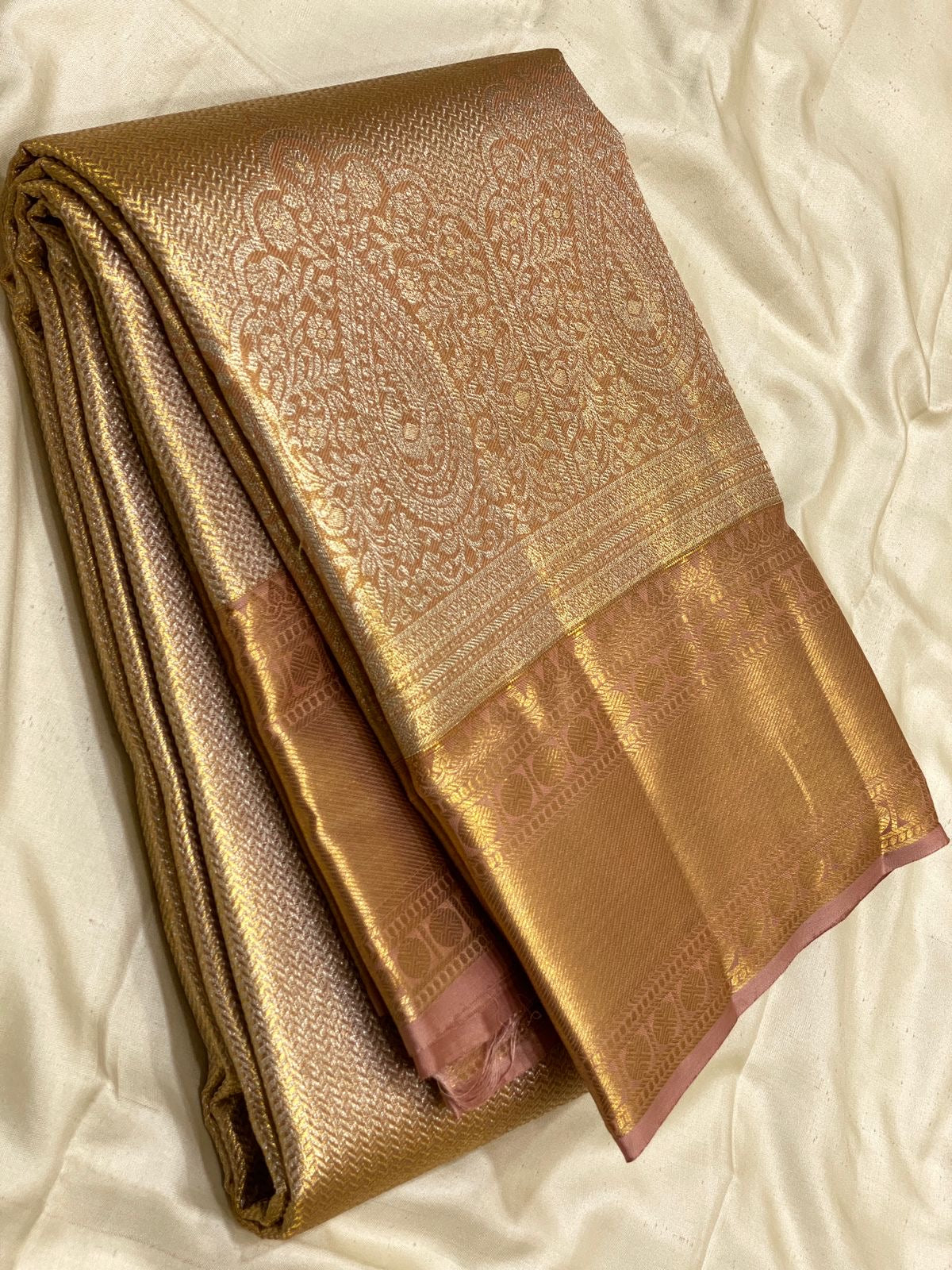 Pastel Gold Mustard 2gm Zari Brocade Tissue Bridal Elegance Kanchipuram Handloom Silk Saree SS26666