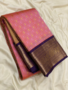 Classic Salmon Pink & Violet 1gm Zari Kanchipuram Handloom Silk Saree SS25812