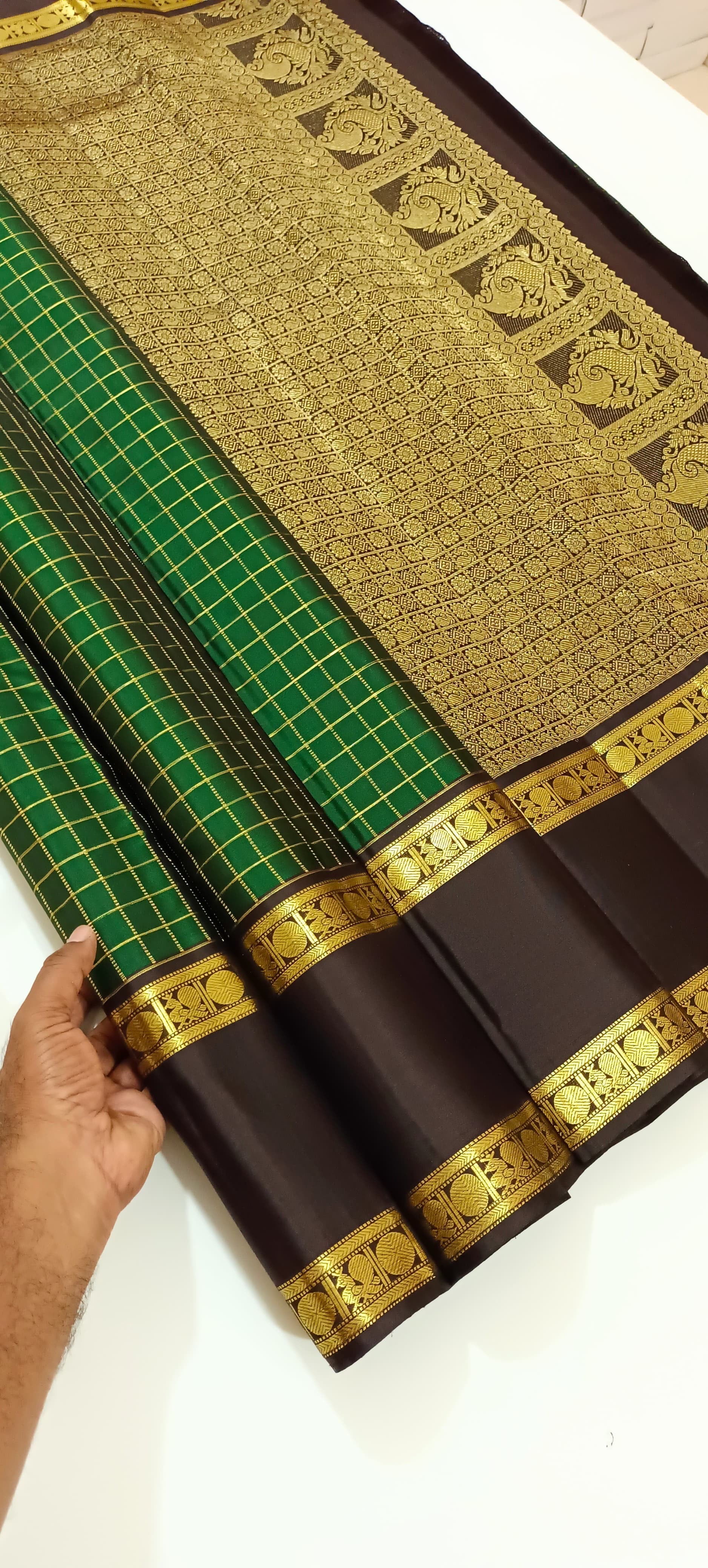 Classic Green & Dark Brown Zari Kattam & Rettai Pet Border Elegance Kanchipuram Handloom Silk Saree SS25337