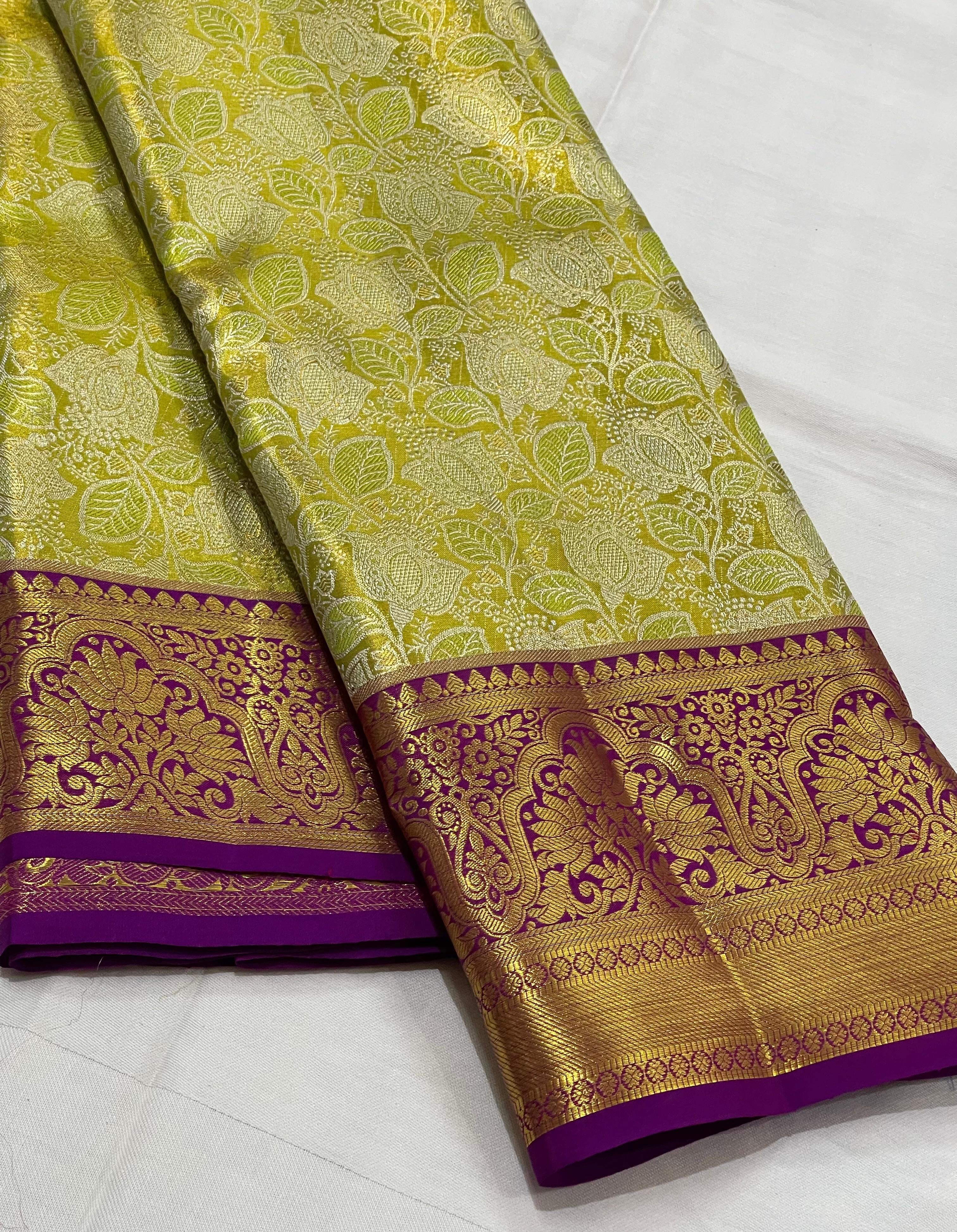 Classic Pastel Green & Purple 2gm Zari Brocade Bridal Elegance Kanchipuram Handloom Silk Saree SS23638