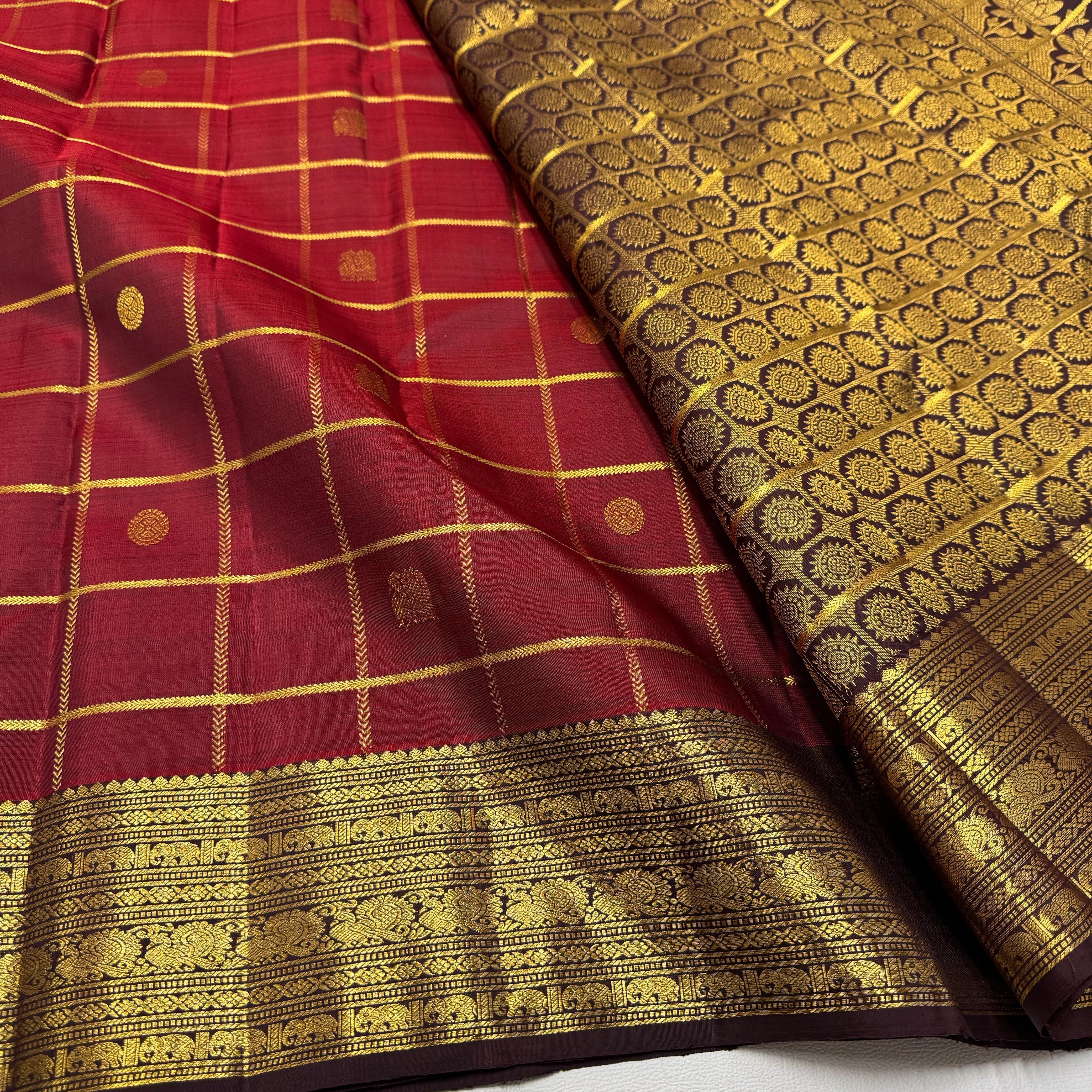 Classic Brick Red & Coffee Brown 2gm Zari Bridal Elegance Kanchipuram Handloom Silk Saree SS26497