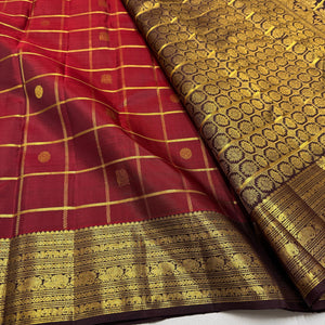 Classic Brick Red & Coffee Brown 2gm Zari Bridal Elegance Kanchipuram Handloom Silk Saree SS26497
