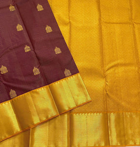 Classic Deep Brown & Golden Yellow 2gm Zari Kanchipuram Handloom Silk Saree SS25623