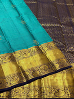 Load image into Gallery viewer, Classic Teal Blue &amp; Navy Blue 2gm Zari Vaira Oosi Check Butta Elegance Kanchipuram Handloom Silk Saree SS23624
